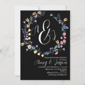 春ワイルドフラワーリースパープルブラック結婚ズ 招待状 (正面)