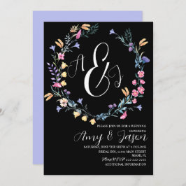 春ワイルドフラワーリースパープルブラック結婚ズ 招待状