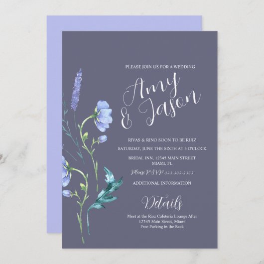 春ワイルドフラワーリースミュートパープル結婚ズ 招待状 (正面/裏面)