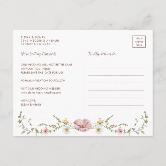 春ワイルドフラワー牧草地ウェディング日付を保存 案内ポストカード (裏面)
