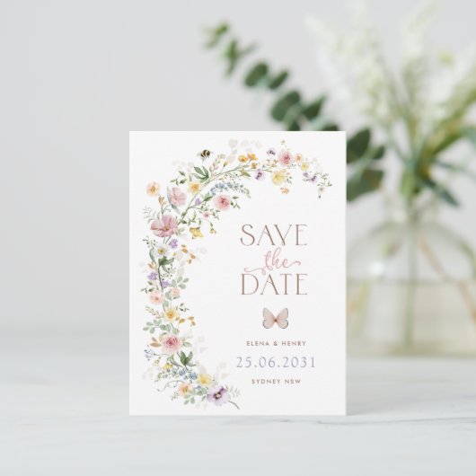 春ワイルドフラワー牧草地ウェディング日付を保存 案内ポストカード (スタンド正面)
