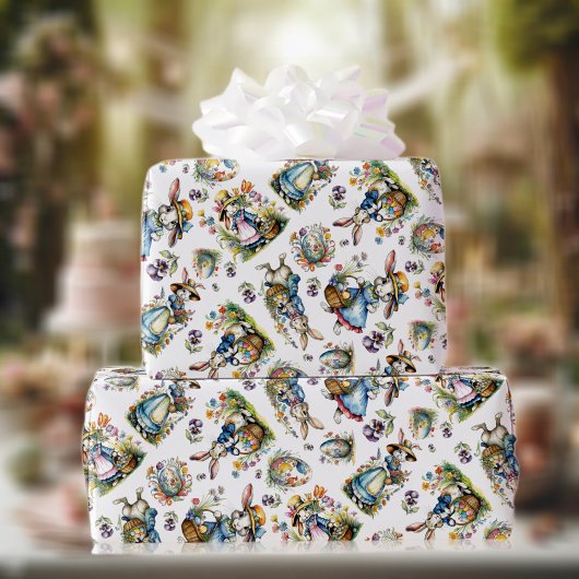 春ヴィンテージ水の色イースターバニーエッグフローラ ラッピングペーパー