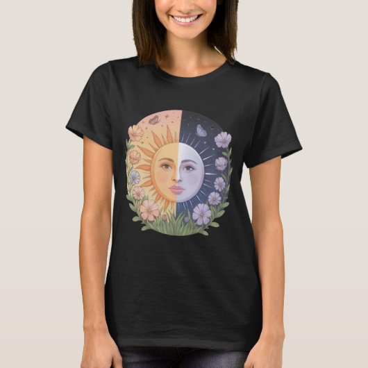 春分の日の調和 – 太陽と月のバランスの自然 Tシャツ (正面)