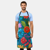 春及び夏カラフルの花柄 エプロン (着用した状態)