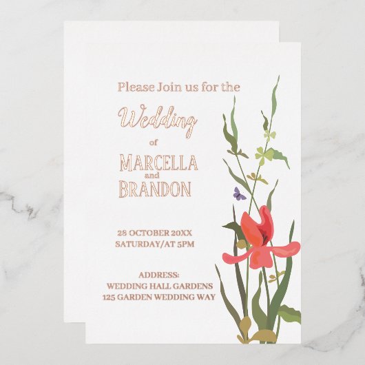 春咲きチューリップ結婚フローラ 箔招待状 (正面/裏面)