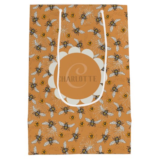 春夏にぴったりなオレンジ色のハチドリデザイン ミディアムペーパーバッグ (裏面)