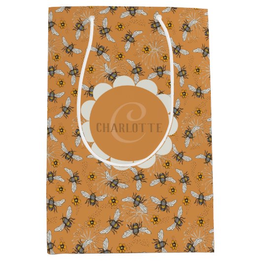 春夏にぴったりなオレンジ色のハチドリデザイン「Trendy Orange Buzzing Honey ミディアムペーパーバッグ (正面)