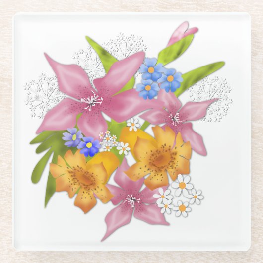 春夏のブーケフローラ花ピンク黄色bl ガラスコースター (正面)
