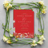 春夏ワイルドフラワー情熱的な赤ボホーウェディング 招待状