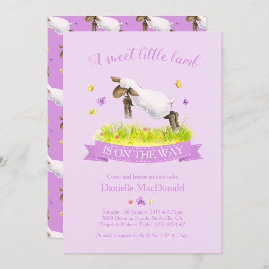 春子羊かわいい紫の赤ちゃんシャワーをスキップ 招待状 (正面/裏面)