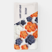 春手作り縫い布の花オレンジブルー 横断幕 (縦)