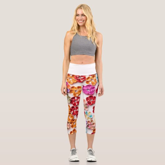 春手作り縫い布数々の花色 カプリレギンス (正面)