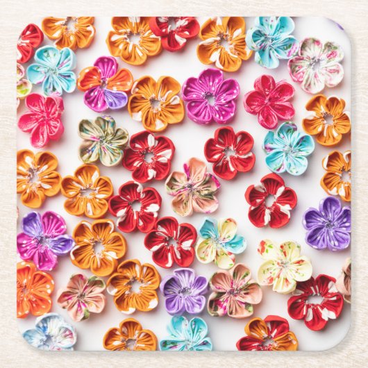 春手作り縫い布数々の花色 スクエアペーパーコースター (正面)