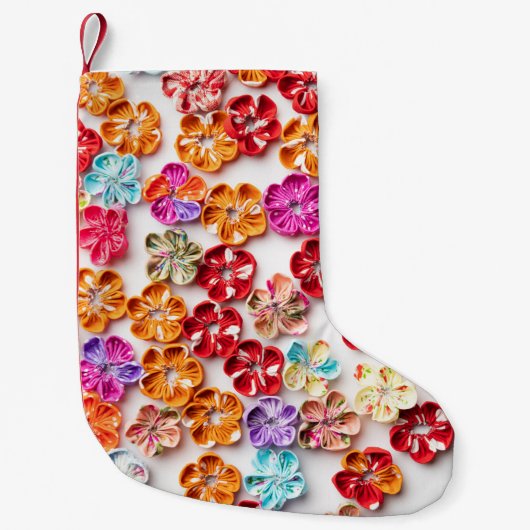 春手作り縫い布数々の花色 スモールクリスマスストッキング (正面)