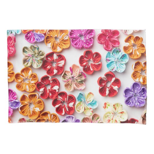 春手作り縫い布数々の花色 枕カバー (正面)