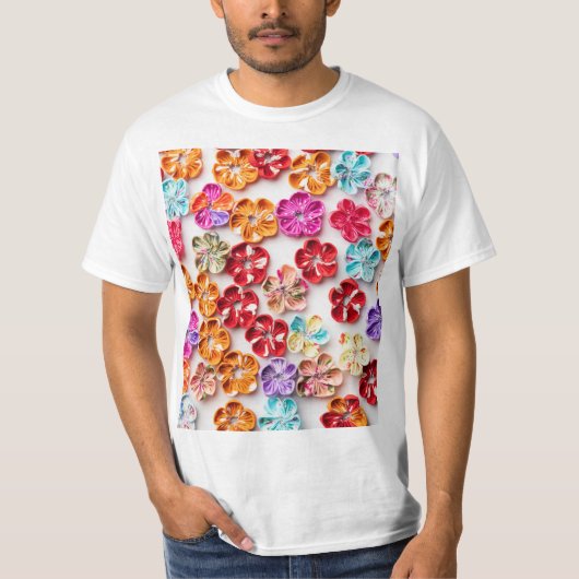 春手作り縫い布数々の花色 Tシャツ (正面)