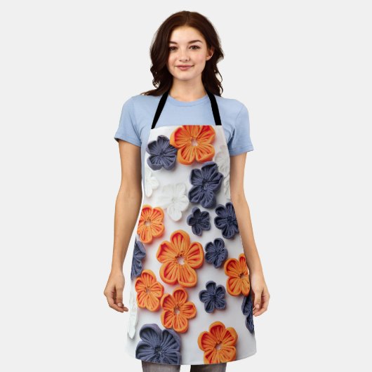 春手作り縫製織花オレンジブルー エプロン (着用した状態)