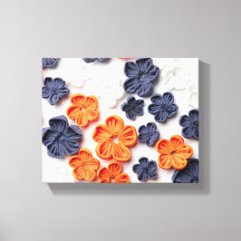 春手作り縫製織花オレンジブルー キャンバスプリント