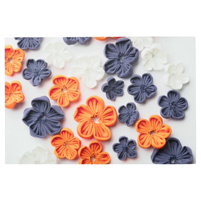 春手作り縫製織花オレンジブルー メタルプリント (正面)