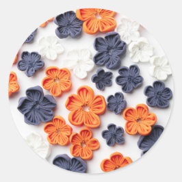 春手作り縫製織花オレンジブルー ラウンドシール