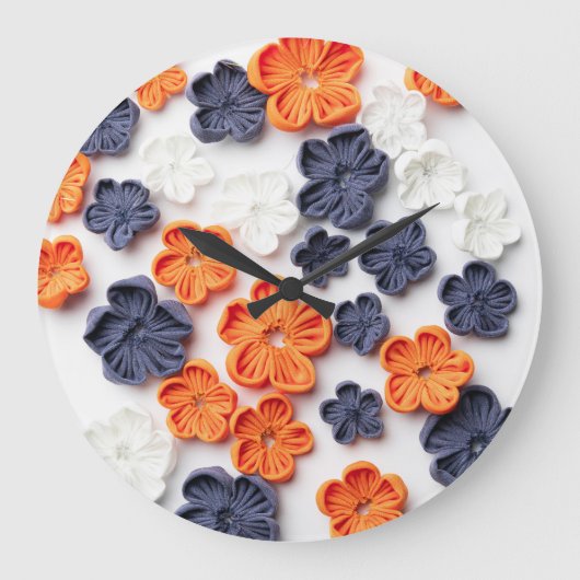 春手作り縫製織花オレンジブルー ラージ壁時計 (正面)