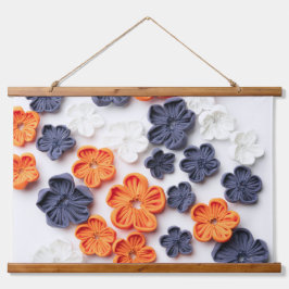 春手作り縫製織花オレンジブルー 吊り下げ型タペストリー