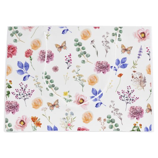 春押さえられた野生の花蝶ホワイト ラージペーパーバッグ (正面)