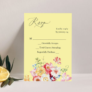 春数々のカラー花模様いいえ食事RSVP – 黄色 出欠カード