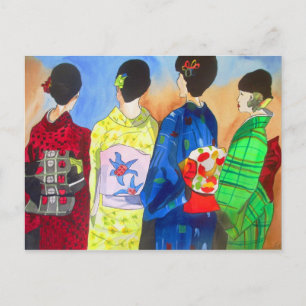 春日本の着物芸者の水彩画 ポストカード
