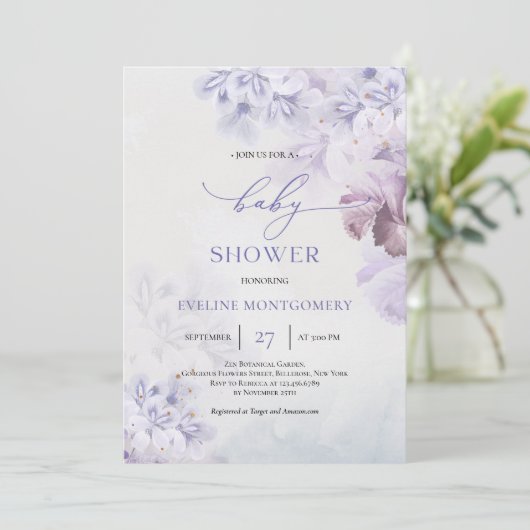 春柔らかい紫色の花ほこりっぽい青の赤ちゃんシャワー 招待状 (スタンド正面)