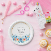 春水彩ブルーオレンジ花模様金ゴールド ペーパープレート (パーティー)