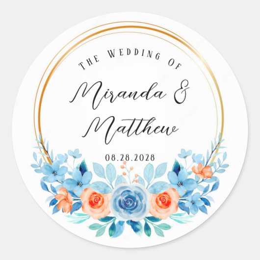 春水彩ブルーオレンジ花模様金ゴールド ラウンドシール (正面)