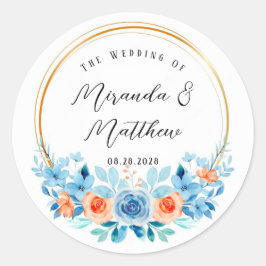 春水彩ブルーオレンジ花模様金ゴールド ラウンドシール