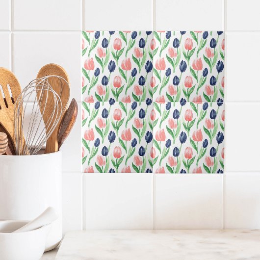 春水色ネイビーピンクのチューリップパターン タイル