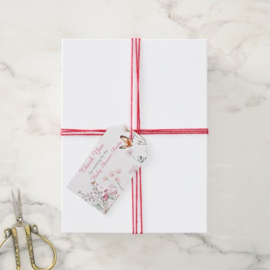 春深いピンクバタフライフローラベビーシャワー ギフトタグ (より糸付き)