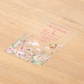 春深いピンクバタフライ結婚フローラ アクリル招待状 (レイダウン)