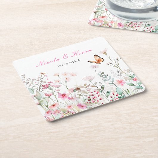 春深いピンクバタフライ結婚フローラ スクエアペーパーコースター (アングル)