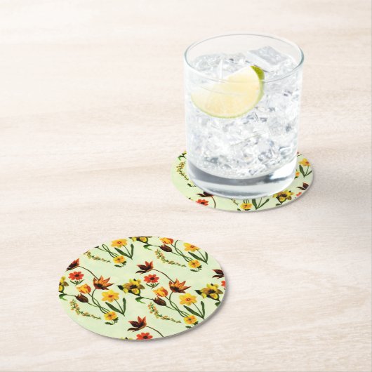 春牧草地イエローワイルドフラワーウォータカラー ラウンドペーパーコースター (インサイチュ)