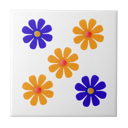 春用の青とオレンジの花 タイル (正面)