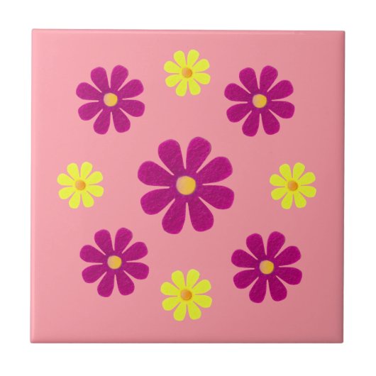 春用ピンクと黄色の花 タイル (正面)