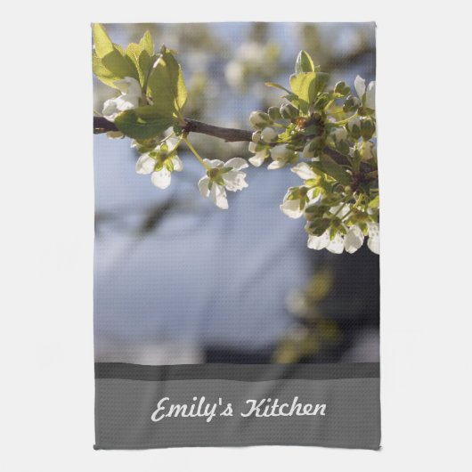 春白さくらんぼ開花枝 キッチンタオル (縦)