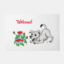 春目覚め、花と蝶と子犬 ドアマット