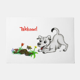 春目覚め、花と蝶と子犬 ドアマット