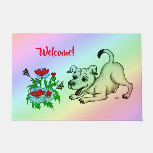 春目覚め、花と蝶と子犬 ドアマット (正面)