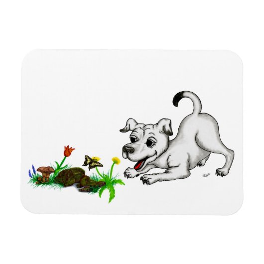 春目覚め、蝶と子犬 マグネット (横)