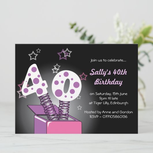 春箱の第40誕生会-ピンク及び紫色 招待状 (スタンド正面)