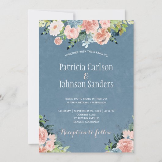 春素朴な埃っぽい青と赤面フローラ結婚の 招待状 (正面)