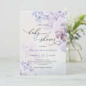 春紫色の花ほこりっぽい青茶色の赤ちゃんシャワー 招待状 (スタンド正面)