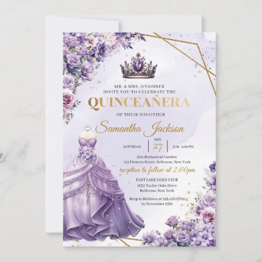 春紫色の花プリンセスドレスキンセアニラ 招待状 (正面)