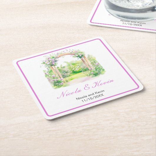 春結婚フローラアーチ スクエアペーパーコースター (アングル)